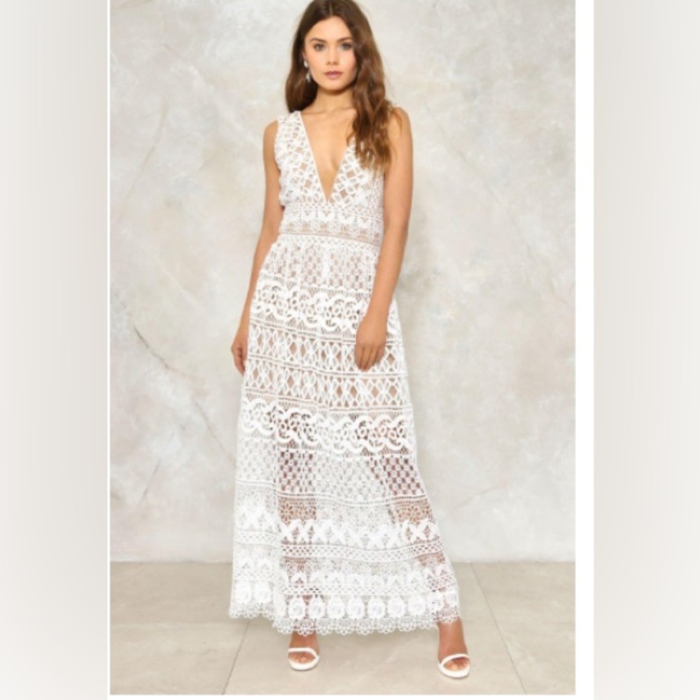 Crochet white maxi Dress with nude lining